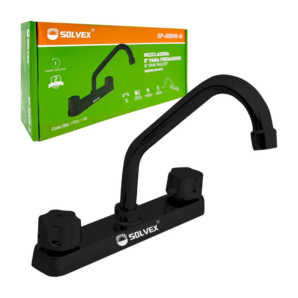 [SP-80090-N] MEZCLADORA PARA FREGADERO 8" maneral de zinc de vuelta completa, cuerpo de latón, cierre de compresión, cartucho de latón, cuello de acero inoxidable,cubierta de acero inoxidable, acabado negro mate. SP-80090-N