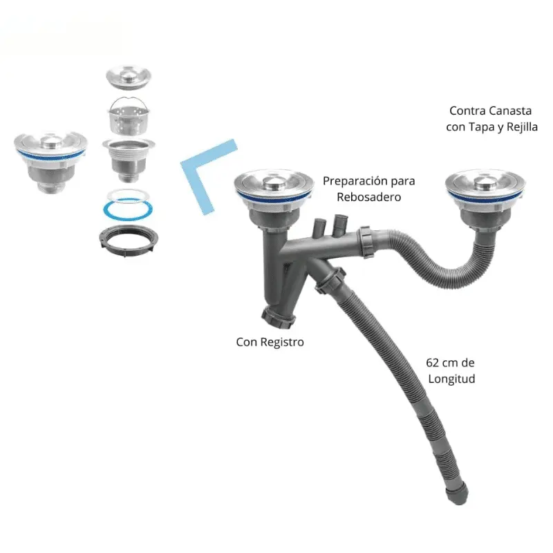 [CESP-002] SET TARJA DOBLE. DOS CONTRACANASTAS DE ACERO INOXIDABLE CON REJILLA Y TAPA , CESPOL CON REGISTRO Y SALIDA FLEXIBLE .