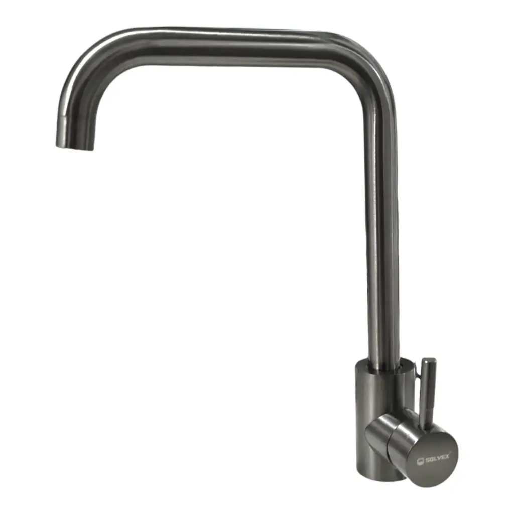 [SP-10021-G] MONOMANDO PARA FREGADERO cuerpo, cuello y maneral de acero inoxidable, cartucho cerámico de suave apertura, con flujo fijo, acabado color gris, 32cm de largo y 8.3cm de base. Con mangueras flexibles de aluminio (calor y frio).