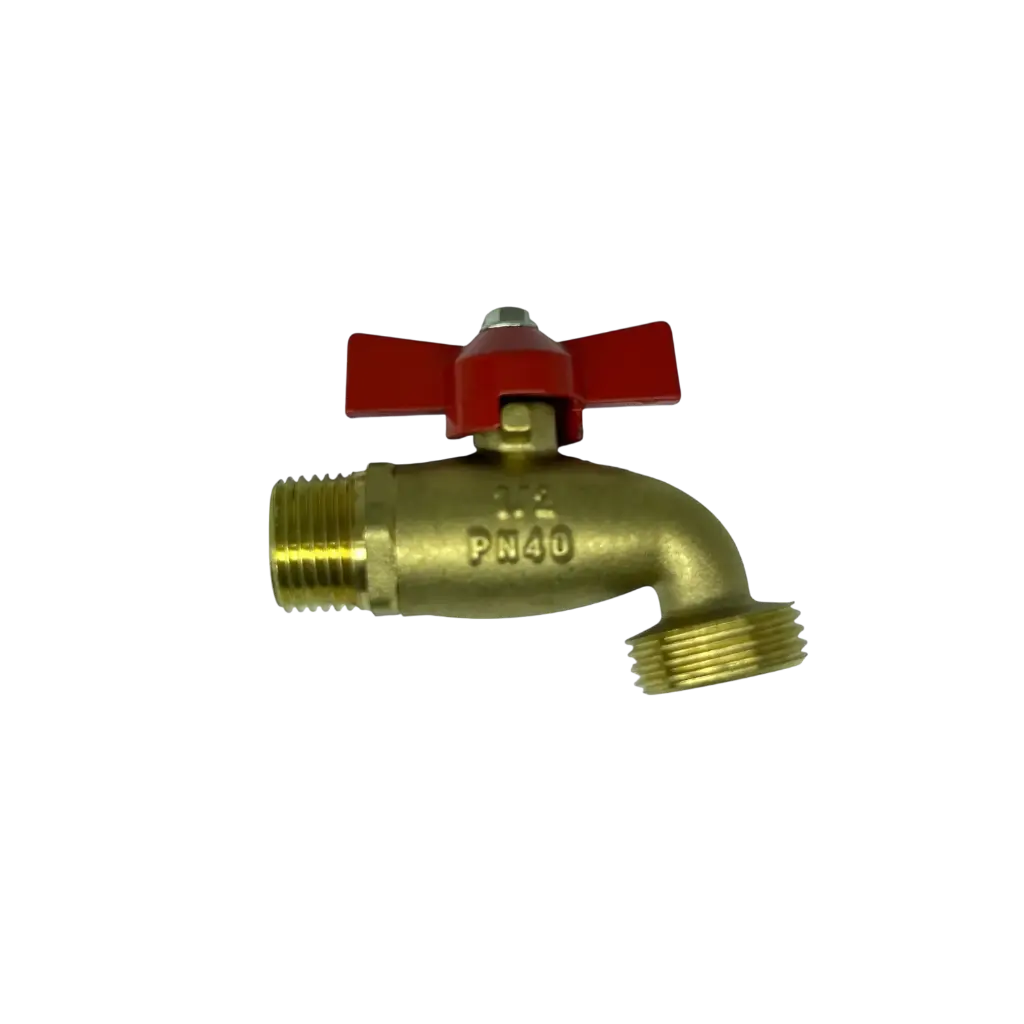 [SP-70046] LLAVE DE JARDIN Cuerpo y cartucho de latón,Manija roja de aluminio,Rosca 1/2”,Rosca 3/4”, Acabado de forja.