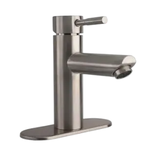[SP-10031-1] MONOMANDO PARA LAVABO cuerpo, cuello y maneral de acero inoxidable,cartucho cerámico de suave apertura, con flujo fijo, acabado níquel satinado, 18cm de altura, con cubierta de acero inoxidable 4". Con mangueras flexibles de aluminio (calor y frio).
