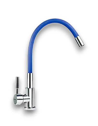 [SP-10034-A] MONOMANDO PARA FREGADERO cuerpo de acero inoxidable, maneral de zinc, cuello flexible de acero inoxidable, cartucho cerámico de suave apertura, con flujo fijo, color del cuello azul, cuerpo acabado cromado, cuello 52cm de largo y 8.3cm de base. Con mangueras flexibles de aluminio (calor y frio).