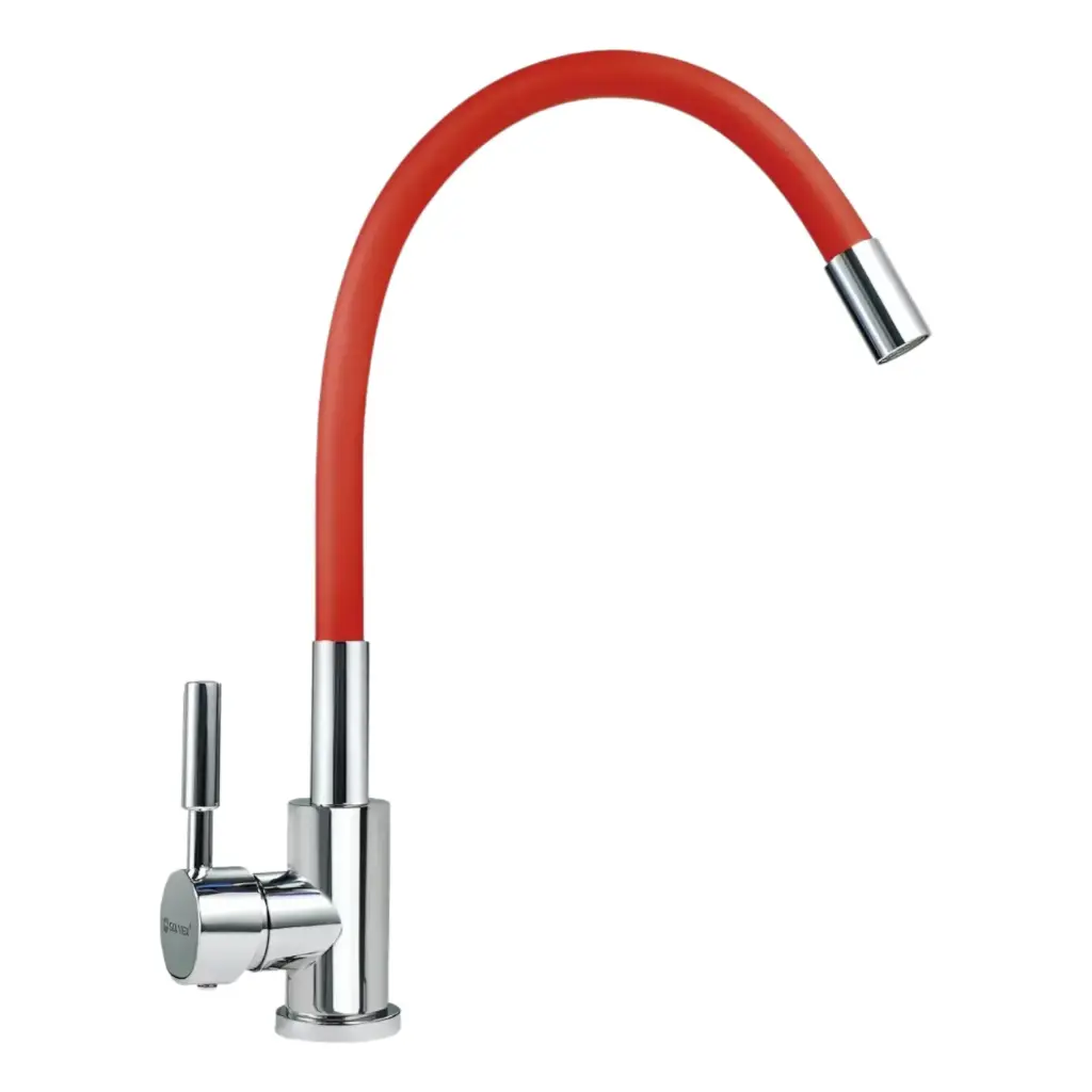 [SP-10034-R] MONOMANDO PARA FREGADERO cuerpo de acero inoxidable, maneral de zinc, cuello flexible de acero inoxidable, cartucho cerámico de suave apertura, con flujo fijo, color del cuello rojo, cuerpo acabado cromado, cuello 52cm de largo y 8.3cm de base. Con mangueras flexibles de aluminio (calor y frio).