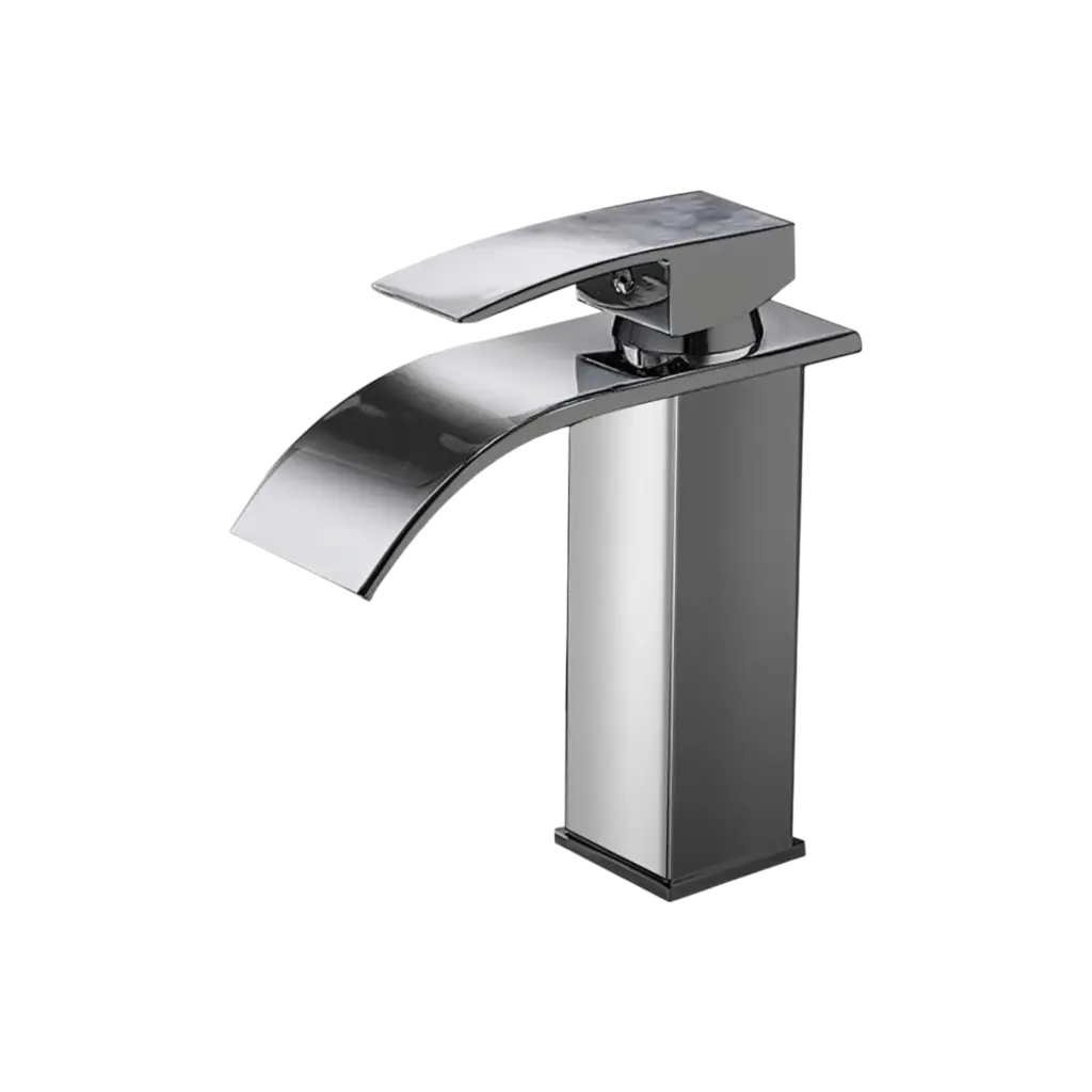 [SP-10055-1] MONOMANDO PARA LAVABO Cuerpo y cuello de acero inoxidable, maneral de zinc, cartucho cerámico de suave apertura, con flujo fijo, altura 18cm, acabado satínado. Con mangueras flexibles de aluminio (calor y frio).