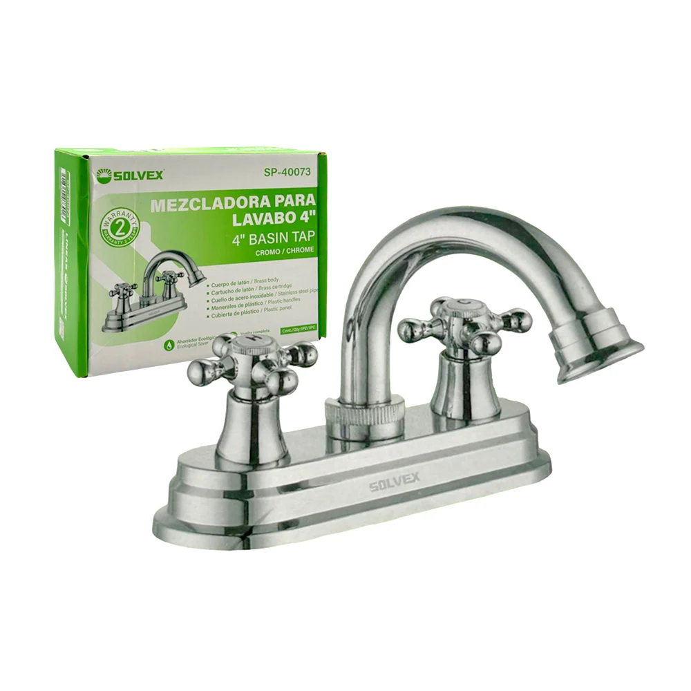 [SP-40073] MEZCLADORA DE LAVABO 4" vuelta completa, cuerpo y cartucho de latón, cubierta y maneral de plástico, cuello de acero inoxidable (19 x 200 mm), con flujo fijo, acabado cromado, vuelta completa.