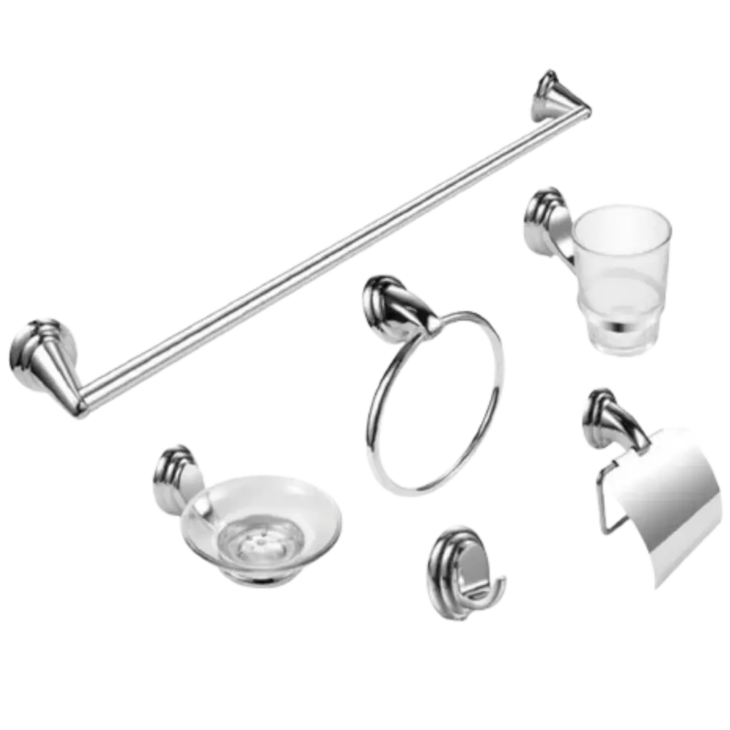 JUEGO DE ACCESORIOS METALICOS CON VASO Y JABONERA DE CRISTAL
