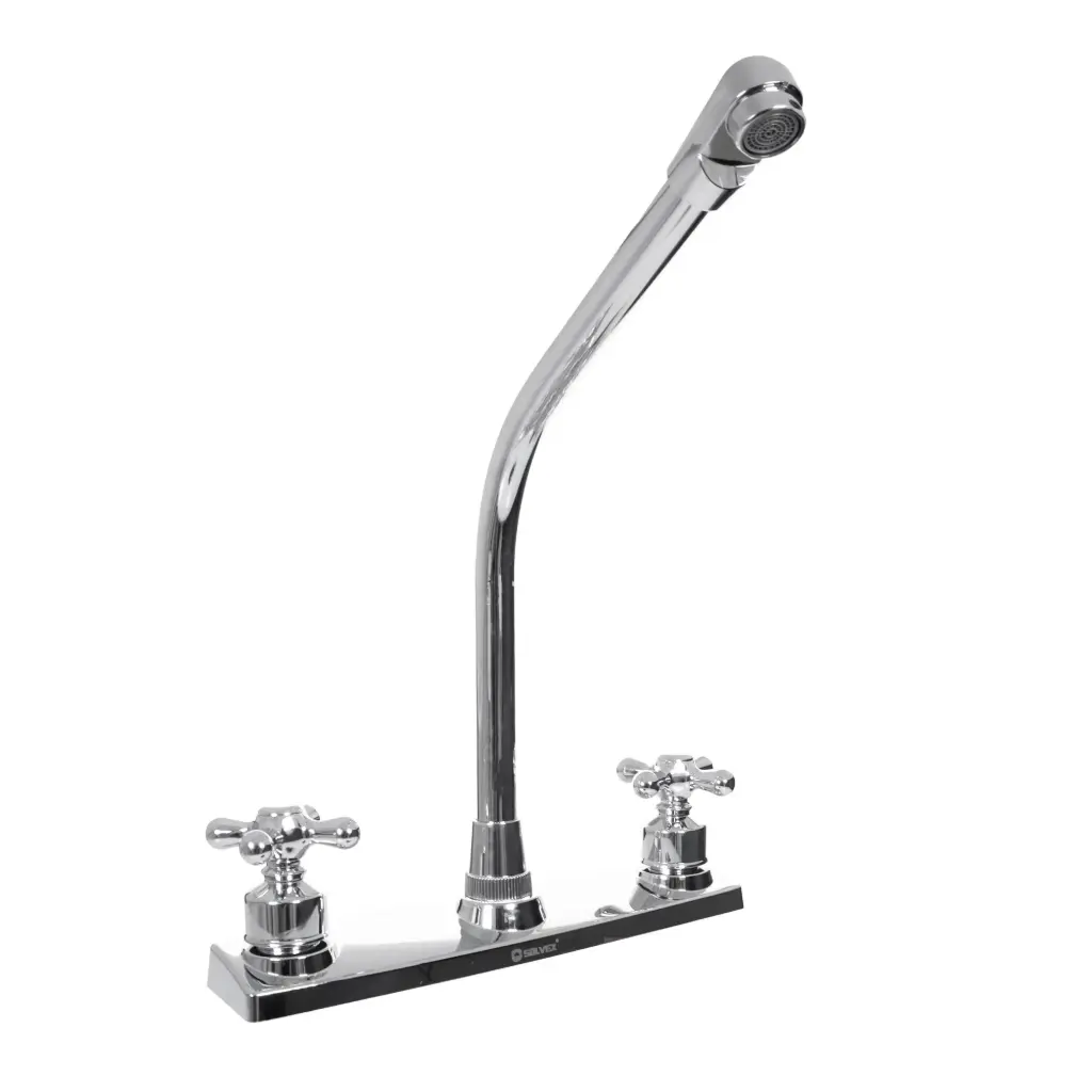 [SP-80021] MEZCLADORA PARA FREGADERO 8" maneral de zinc de vuelta completa, cuerpo de latón, cubierta de plástico, cuello de acero inoxidable,cartucho de latón, cierre de compresión, acabado cromo espejo. SP-80021