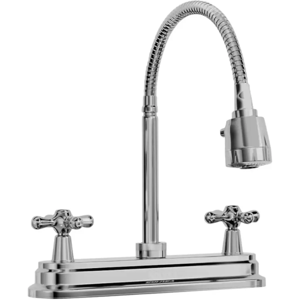 [SP-80060] MEZCLADORA PARA FREGADERO 8" maneral de zinc de vuelta completa, cuerpo de latón, cubierta de plástico, cuello flexible de acero inoxidable con doble función (riego o chorro), cierre de compresión, acabado cromo espejo. SP-80060